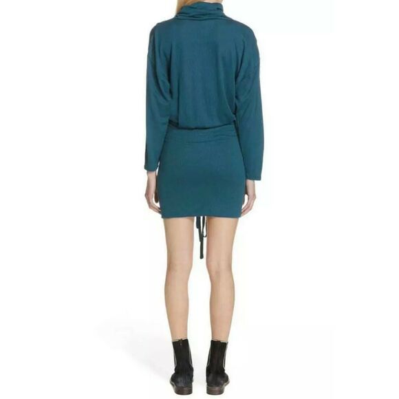 Free People Sundown Mini Dark Green Cowl Neck Ruched Knit Dress NWT Size S - Picture 2 of 8
